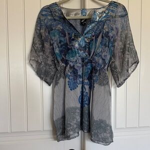 Women's Blue Sheer Floral Tie-Front Tunic